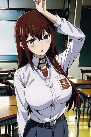 (masterpiece, Visual_Anime, screencap, more detail:1.1,  best quality:1.3),  (classroom:1.3),  highres,  detailed background, Makise_Kurisu,  1girl, solo, long hair, looking at viewer, blush, bangs, purple eyes, Karakter Anime Pake Baju SMA, blue skirt,  blue necktie, hair between eyes, open mouth, white shirt, upper body, standing, kneehighs, red hair, parted lips, Lambang Osis SMA, black belt, hand up, classroom, blurry, blurry background, sunlight, mature,  large breasts, looking at viewer,  open mouth
BREAK 
(long white sleeve:1.2), upper body,  shiny hair,  anime color, indoor, Anime,