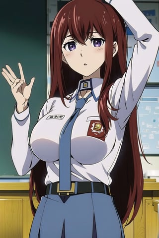 (masterpiece, Visual_Anime, screencap, more detail:1.1,  best quality:1.3),  (classroom:1.3),  highres,  detailed background, Makise_Kurisu,  1girl, solo, long hair, looking at viewer, blush, bangs, purple eyes, Karakter Anime Pake Baju SMA, blue skirt,  (((blue necktie))), hair between eyes, open mouth, white shirt, upper body, standing, kneehighs, red hair, parted lips, Lambang Osis SMA, black belt, hand up, classroom, blurry, blurry background, sunlight, mature,  large breasts, looking at viewer,  open mouth
BREAK 
(long white sleeve:1.2), upper body,  shiny hair,  anime color, indoor, Anime,