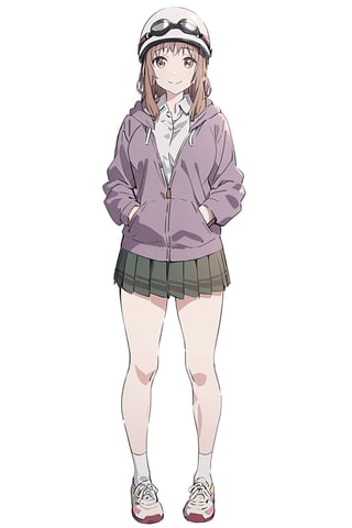 Visual Anime, masterpiece, best quality, @Komiya, Komiya_Ena, 1girl, solo, breasts, 20 y.o, brown hair, smile, closed mouth, white collar shirt, Pastle Purple Jaket, hood, Green_Skirt, white background, fullbody, standing, shoes, white sock, clean background, long shoot, white helmet, googles on headware,