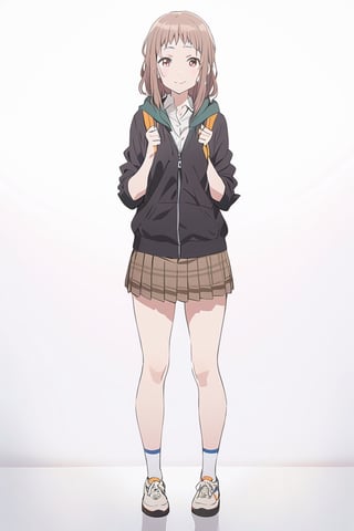 Visual Anime, masterpiece, best quality, @Komiya, Komiya_Ena, 1girl, solo, breasts, 20 y.o, brown hair, smile, closed mouth, white collar shirt, brown V Neck Sleeveless Sweater , Black Jaket, Green Hoodie, (knee length skirt), backpack, white background, fullbody, standing, shoes, white sock, clean background, long shoot, roll sleeve