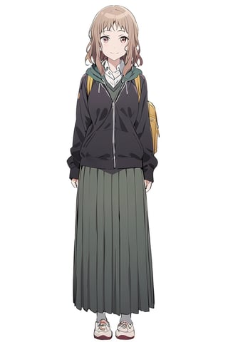 Visual Anime, masterpiece, best quality, @Komiya, Komiya_Ena, 1girl, solo, breasts, 20 y.o, brown hair, smile, closed mouth, white collar shirt, V Neck Sleeveless Sweater , Black Jaket, Green Hoodie, (Long Skirt), knee length skirt, backpack, white background, fullbody, standing, shoes, white sock, clean background, long shoot, hal sleeve