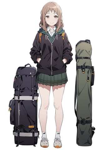 Visual Anime, masterpiece, best quality, @Komiya, Komiya_Ena, 1girl, solo, breasts, 20 y.o, brown hair, smile, closed mouth, white collar shirt, V Neck Sleeveless Sweater , Black Jaket, Green Hoodie, Long Green Skirt covered knee, bag, backpack, camera bag, white background, fullbody, standing, shoes, white sock, clean background, long shoot, hal sleeve