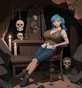 An ultra-detailed 8K masterpiece with adventure and fantasy styles, rendered in ultra-high resolution with graphic detail. | Darla, a young 23-year-old woman, is dressed for adventure in a white short-sleeved shirt, brown leather vest, sturdy fabric pants and tall boots. Her short blue hair is styled in a mohawk, with two long pigtails secured with silver barrettes and two small braids adding a feminine touch. Her bright yellow eyes look directly at the viewer as she ((smiles and shows her white teeth)), wearing bright red lipstick that highlights her thin lips. Darla is located in a macabre cave, surrounded by rock structures, wooden structures, and an altar, with skulls and skeletons scattered across the floor. The atmosphere is dense and mysterious, with shadows dancing on the walls and a cold wind blowing through the cracks. | The image highlights Darla's imposing and adventurous figure, contrasting with the dark and mysterious environment of the macabre cave. The rock structures, wooden structures and the altar, together with the skulls and skeletons scattered across the ground, create a mixed atmosphere between macabre and mysterious. The cave's artificial lighting creates dramatic shadows and highlights the details of the scene. | Soft, shadowy lighting effects create a tense, mysterious atmosphere, while detailed textures on skin, fabrics and structures add realism to the image. | A sensual and adventurous scene of Darla in a macabre cave, exploring themes of fantasy and adventure. | (((The image reveals a full-body shot as Darla assumes a sensual pose, engagingly leaning against a structure within the scene in an exciting manner. She takes on a sensual pose as she interacts, boldly leaning on a structure, leaning back and boldly throwing herself onto the structure, reclining back in an exhilarating way.))). | ((((full-body shot)))), ((perfect pose)), ((perfect arms):1.2), ((perfect limbs, perfect fingers, better hands, perfect hands, hands)), ((perfect legs, perfect feet):1.2), ((huge breasts)), ((perfect design)), ((perfect composition)), ((very detailed scene, very detailed background, perfect layout, correct imperfections)), Enhance, Ultra details++, More Detail, poakl