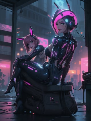 Masterpiece in maximum 16K resolution, blending elements of Cyberpunk, Super Metroid, and Final Fantasy 7. | In an ultra-technological alien apartment, a beautiful woman wears a tight-fitting all-black cybernetic armor with vibrant pink lights. Her short, Mohawk-style pink hair stands out, with an imposing fringe over her right eye. The cybernetic helmet with bunny ears adds a unique touch. She stares directly at the viewer, adopting a sensual pose as she boldly leans on a large structure in the scene, leaning back in a sensual way. The close camera highlights every anatomically correct detail of her figure, while the ultra-technological setting shines with structures, computers, machines with luminous pipes, and large robot construction machines. The window reveals a nighttime city under intense rain, creating an immersive cyberpunk atmosphere. | A stunning woman in cybernetic armor in an ultra-technological alien setting. | She is adopting a ((sensual pose as interacts, boldly leaning on a large structure in the scene, leaning back in a sensual way, adding a unique touch to the scene.):1.3), ((Full body)), perfect hand, fingers, hand, perfect, better_hands, Big, More Detail