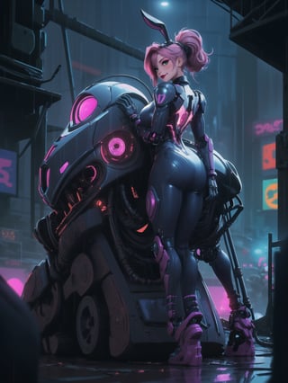 Masterpiece in maximum 16K resolution, blending elements of Cyberpunk, Super Metroid, and Final Fantasy 7. | In an ultra-technological alien apartment, a beautiful woman wears a tight-fitting all-black cybernetic armor with vibrant pink lights. Her short, Mohawk-style pink hair stands out, with an imposing fringe over her right eye. The cybernetic helmet with bunny ears adds a unique touch. She stares directly at the viewer, adopting a sensual pose as she boldly leans on a large structure in the scene, leaning back in a sensual way. The close camera highlights every anatomically correct detail of her figure, while the ultra-technological setting shines with structures, computers, machines with luminous pipes, and large robot construction machines. The window reveals a nighttime city under intense rain, creating an immersive cyberpunk atmosphere. | A stunning woman in cybernetic armor in an ultra-technological alien setting. | She is adopting a ((sensual pose as interacts, boldly leaning on a large structure in the scene, leaning back in a sensual way, adding a unique touch to the scene.):1.3), ((Full body)), perfect hand, fingers, hand, perfect, better_hands, Big, More Detail