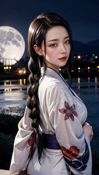 (best quality:1.2), (masterpiece:1.1), (ultra-detailed illustration:1.2), from above,
1girl, solo, standing, print kimono, black hair, braided hair, (east asian architecture:0.35), fireworks, (paper lantern:0.55), night sky, city background, mountain, night sky, happy, stars, moon, soft shadow, warm illumination, reflection, hair ornament, obi,TsbkMyjm-KJ,Detailedface, purple eyes, single braid,TsbkMyjm-KJ,hair over shoulder