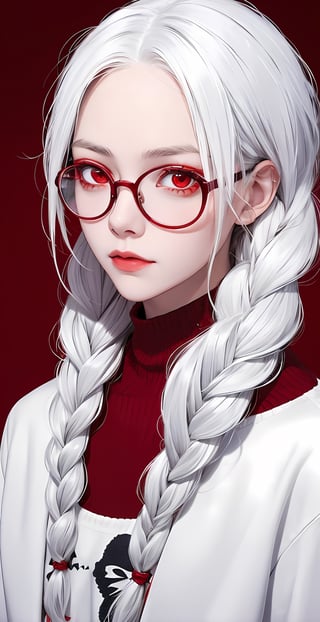 Girl wearing glasses, white hair, red eyes, braids,