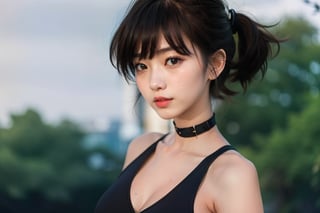 as an slim fit asian woman standing sexy wearing tight leggins she have straight bangs and a side ponytail,  1girl,  solo,    black hair,   realistic, bob haircut, medium length hair
