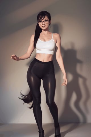 as an slim fit asian woman wearing round glasses standing sexy wearing tight leggins she have straight bangs and a side ponytail,  1girl,  solo,  glasses,  black hair,  looking at viewer,  realistic,  black-framed eyewear,  side-ponytail hair,  full body picture, medium length hair, DANCING, open legs
,Realism,realhands,chinatsumura