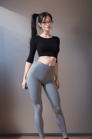 as an slim fit asian woman wearing round glasses standing sexy wearing tight leggins she have straight bangs and a side ponytail,  1girl,  solo,  glasses,  black hair,  looking at viewer,  realistic,  black-framed eyewear,  side-ponytail hair,  full body picture, medium length hair, DANCING, open legs
,Realism,realhands,chinatsumura