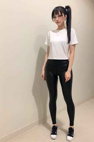 as an slim fit asian woman wearing round glasses standing sexy wearing tight leggins she have straight bangs and a side ponytail,  1girl,  solo,  glasses,  black hair,  looking at viewer,  realistic,  black-framed eyewear,  side-ponytail hair,  full body picture, medium length hair
