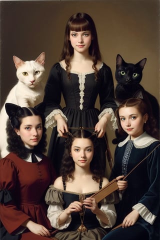 a photo of young woman with straigh bangs holding a slingshot behind five cats, cat, 1girl, black cat, long hair, dress, emily the strange