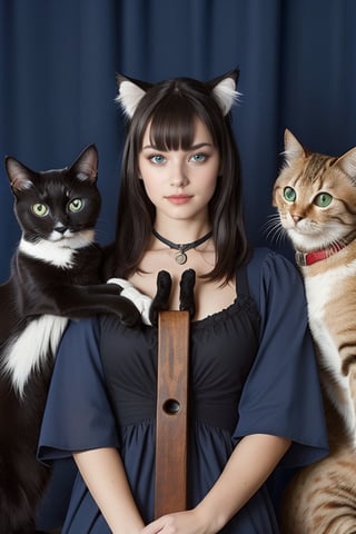 a photo of young woman with straigh bangs holding a slingshot behind five cats, cat, 1girl, black cat, long hair, dress, emily the strange