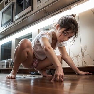 1girl, solo, underwear, panties, barefoot, squatting, towel