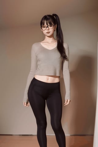 as an slim fit asian woman wearing round glasses standing sexy wearing tight leggins she have straight bangs and a side ponytail,  1girl,  solo,  glasses,  black hair,  looking at viewer,  realistic,  black-framed eyewear,  side-ponytail hair,  full body picture, medium length hair, DANCING, open legs
,Realism,realhands,chinatsumura