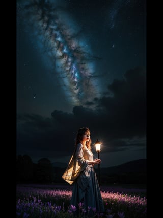 expansive landscape photograph , (a view from below that shows sky above and open field below), a prefect girl standing on flower field looking up, (full moon:1.2), ( shooting stars:0.9), (nebula:1.3), distant mountain, tree BREAK
production art, (warm light source:1.2), (Firefly:1.2), lamp, lot of purple and orange, intricate details, volumetric lighting, realism BREAK
(masterpiece:1.2), (best quality), 4k, ultra-detailed, (dynamic composition:1.4), highly detailed, colorful details,( iridescent colors:1.2), (glowing lighting, atmospheric lighting), dreamy, magical, (solo:1.2)