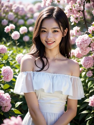 Best quality, masterpiece, ultra high res, (photorealistic:1.4), raw photo, 1girl, white dress, off shoulder, blossom flower field, glowing skin, light smile