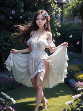 1girl with prefect face and body,solo, full body, (masterpiece:1.21), (best quality:1.2), colorful, (illustration:1.2), (cinematic lighting:1.1), (bare shoulders:1.21), (collarbone:1.21)
In this whimsical and fantastical garden, the scene is illuminated by a rainbow of (colorful fireflies), dancing and fluttering in the air. The garden is decorated by a gentle (drizzle), creating a misty and ethereal atmosphere. In the center of the scene, there is a single girl, an extremely delicate and beautiful girl, with cute features and an innocent expression. Her long hair is flowing with the wind. She is wearing no shoulder straps dress, which is ultra low cut, highlighting her delicate curves.

The lighting is very delicate and beautiful, creating a soft and warm glow that highlights the water, making it sparkle like diamonds. The finest grass is also illuminated, creating a lush and verdant carpet. The garden is surrounded by colorful flower fields, with blooms of every color and shape. (Colorful butterflies), of every shade and size, can be seen fluttering around the scene, adding to the overall sense of wonder and magic. (look ai viewer),A blush can be seen on her nose, and her mouth is slightly open, adding to the overall sense of innocence and youthfulness. Falling petals can be seen floating around her, adding to the overall sense of romance and beauty. A gentle wind is blowing through the scene, making the leaves rustle and the flowers sway, adding to the overall sense of movement and life. This is a scene of pure wonder and magic, filled with color and beauty, where the viewer can lose themselves in the enchanting and captivating world.