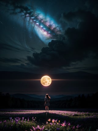 expansive landscape photograph , (a view from below that shows sky above and open field below), a prefect girl standing on flower field looking up, (full moon:1.2), ( shooting stars:0.9), (nebula:1.3), distant mountain, tree BREAK
production art, (warm light source:1.2), (Firefly:1.2), lamp, lot of purple and orange, intricate details, volumetric lighting, realism BREAK
(masterpiece:1.2), (best quality), 4k, ultra-detailed, (dynamic composition:1.4), highly detailed, colorful details,( iridescent colors:1.2), (glowing lighting, atmospheric lighting), dreamy, magical, (solo:1.2)