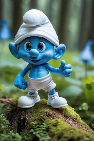 ((best quality, hdr, 32k)), cinematic shot of a miniature Smurf Digital Mascot, hyper detailed winning photograph, full body shot, Lenkaizm, intricate details, white hat, masked, bright blue eyes, forest backlight, bright skin, full body, sharp focus, sudio photo composition, unashamedly visual charming face, mushrooms that are the smurfs' houses, vivid colors