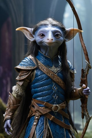 A full body foto of a gelfling archer man from the netflix series The Dark Crystal holding a bow, highly detailed face, long hair, 4K, highly realistic, highly detailed, In a fantasy world, shoes, twilight, blue armor,more detail XL,Magical Fantasy style