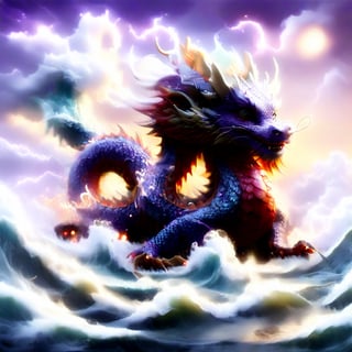 ultra-realistic photograph of a japanese dragon, full-length photo, in the style of matthias jung, kerem beyit, uhd image, 8k, authentic renderings, artgerm, purple, red and orange fire, comes out of its mouth, crimson tones, historical painting, background of a rough sea, thunderstorm lightning, a great wave, a gigantic wave,Disney pixar style,dragon