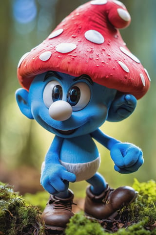 ((best quality, hdr, 32k)), cinematic shot of a Smurf Digital Mascot, hyper detailed winning photograph, full body shot, Lenkaizm, intricate details, white hat, masked, bright blue eyes, forest backlight, bright skin, full body, sharp focus, sudio photo composition, unashamedly visual charming face, mushrooms that are the smurfs' houses, vivid colors