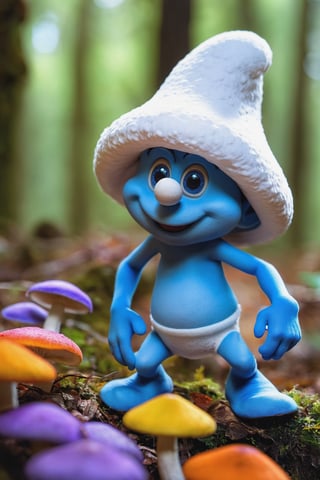 ((best quality, hdr, 32k)), cinematic shot of a Smurfete sexy, Digital Mascot, hyper detailed winning photograph, full body shot, Lenkaizm, intricate details, white hat, masked, bright blue eyes, forest backlight, bright skin, full body, sharp focus, sudio photo composition, unashamedly visual charming face, mushrooms that are the smurfs' houses, vivid colors