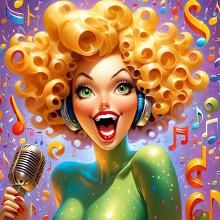 (full body photo:1.5), MULTIPLE curvy women, singing into 1 vintage microphone, adult faces, masterpiece, best quality, beautiful detailed eyes, (Yellow purple to orange fade hair, blue eyes), (short red hair, green eyes), parted lips, smiling, extremely detailed, large breasts, insane details, intricate details, hyperdetailed,kissing each other, Pencil dresses, eyeshadow, lipstick, music notes swirl around them, waves of color, retrofuturism, , ojou curls, floofy bob,