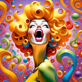 (full body photo:1.5), MULTIPLE curvy women, singing into 1 vintage microphone, adult faces, masterpiece, best quality, beautiful detailed eyes, (Yellow purple to orange fade hair, blue eyes), (short red hair, green eyes), parted lips, smiling, extremely detailed, large breasts, insane details, intricate details, hyperdetailed,kissing each other, Pencil dresses, eyeshadow, lipstick, music notes swirl around them, waves of color, retrofuturism, , ojou curls, floofy bob,