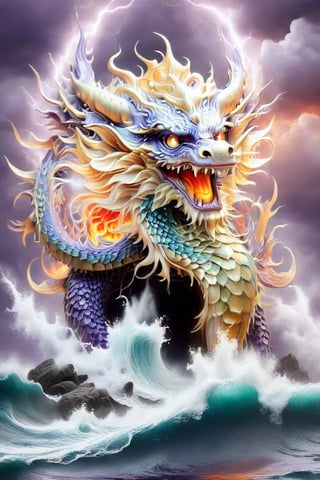 ultra-realistic photograph of a japanese dragon, full-length photo, in the style of matthias jung, kerem beyit, uhd image, 8k, authentic renderings, artgerm, purple, red and orange fire, comes out of its mouth, crimson tones, historical painting, background of a rough sea, thunderstorm lightning, a great wave, a gigantic wave,Disney pixar style,dragon,LegendDarkFantasy,Dragon,darkart,dragon chinese