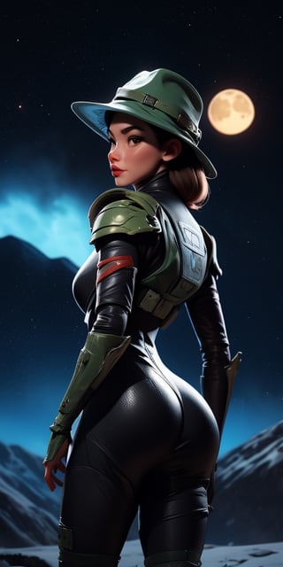 Masterpiece, analog style, bldrnrst, (35mmstyle:1), film-like, rear angle photo of (effortlessly beautiful [cyborg| woman] space outlaw, wearing white latex booty shorts and [Cyberpunk| Dieselpunk] red vest armor, accentuated booty), ((cowboy hat)), (perfect face: 1.2), Looking straight at the viewer, (detailed skin), realistic skin texture, [[imperfect skin]], fine details, BREAK (standing on brink of tall mountain with grand and imposing tropical rainforest on alien planet in the background), (sci-fi), (mountains: 1.1), lush green vegetation, vivid details, beautiful colors, [ambient light], (two moons and majestic galaxy in the night sky above in background), [fantasy| scifi]_(setting), BREAK (lens flare: 0.7), (bloom: 0.6), particle effects, beautiful cinematic light, shallow depth of field, photographed on a Hasselblad X1D II 50c, 90mm f/2. 8 cine lens, sharp focus, cinestill 800T, (highly detailed, intricately detailed), HDR, 8k, cinematic film still from [gravity| westworld], from behind, big ass,aw0k euphoric style,SAM YANG,3DMM,mature female