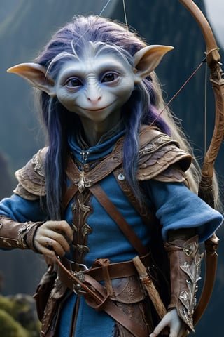 A full body foto of a gelfling archer man from the netflix series The Dark Crystal holding a bow, highly detailed face, long hair, 4K, highly realistic, highly detailed, In a fantasy world, shoes, twilight, blue armor,more detail XL,Magical Fantasy style,gelfling,xxmixgirl