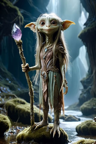 A full body foto of a gelfling girl from the netflix series The Dark Crystal holding a staff, highly detailed face, long hair, 4K, highly realistic, highly detailed, In a fantasy world, moss, a stream of clear water,no humans,xxmixgirl,Landskaper