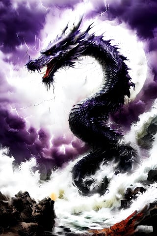 ultra-realistic photograph of a japanese dragon, full-length photo, in the style of matthias jung, kerem beyit, uhd image, 8k, authentic renderings, artgerm, purple, red and orange fire, comes out of its mouth, crimson tones, historical painting, background of a rough sea, thunderstorm lightning, a great wave, a gigantic wave,Disney pixar style,dragon,LegendDarkFantasy,Dragon,darkart,dragon chinese,chinese dragon