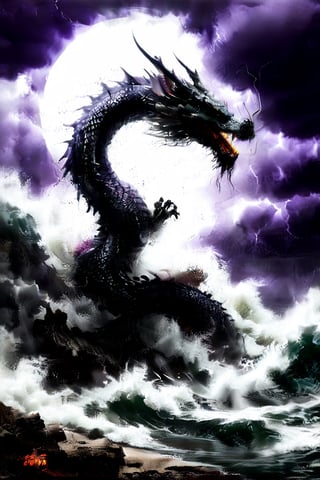 ultra-realistic photograph of a japanese dragon, full-length photo, in the style of matthias jung, kerem beyit, uhd image, 8k, authentic renderings, artgerm, purple, red and orange fire, comes out of its mouth, crimson tones, historical painting, background of a rough sea, thunderstorm lightning, a great wave, a gigantic wave,Disney pixar style,dragon,LegendDarkFantasy,Dragon,darkart,dragon chinese,chinese dragon