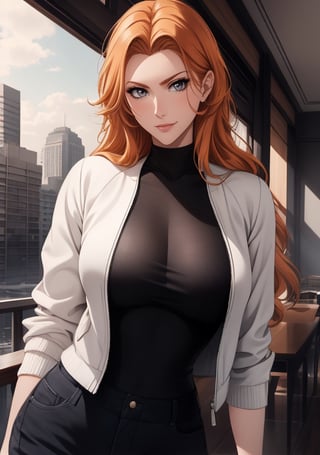 (masterpiece, best quality), intricate details, curvy_figure, beautiful girl, orange hair, grey eyes, white skin, light grey eyes, sharp jawline, cropped jacket, smirk