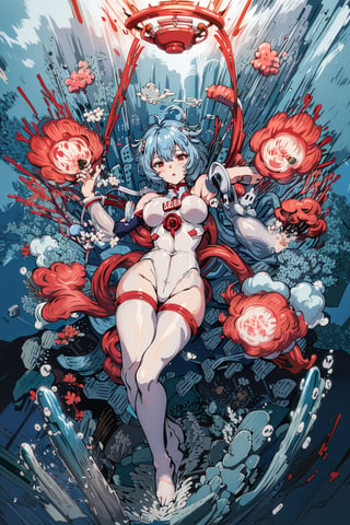 detailed illustration, kusanali, blue hair,white plugsuit, red eyes,hair ornament, blush, full body, scenery, underwater, coral ,32,高清,White Pantyhose,machinery,, Mecha,, , , , , ,ayanamirei