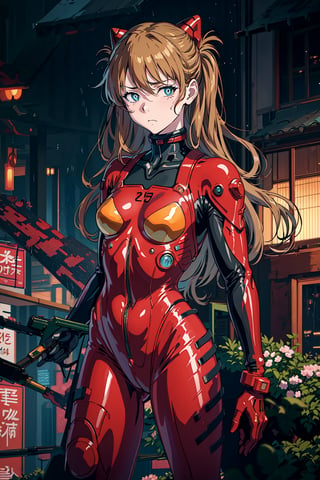 best quality, painting, cyberpunk anime, (intense_angle:0.6), standing, wet ((female_battle_android)), 20 years old, (anger vein), ((diamond_shaped_pupils)), (looking to viewer), detailed eyes, mechanical_parts, (flush:1.3), (shimmer iridescent hair), motion_lines, face in focus, dim colors, HD, intridicated, ultra detailed cyberpunk rainy background, highly detailed, (by Kawase Hasui:1.3),CGSociety,ArtStation, m4a1 gun in hand, souryuuasukalangley, plugsuit 02, interface headset