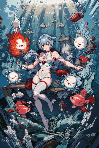 detailed illustration, kusanali, blue hair,white plugsuit, red eyes,hair ornament, blush, full body, scenery, underwater, fish ,32,高清,White Pantyhose,machinery,, Mecha,, , , , , ,ayanamirei, interface headset