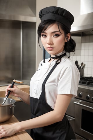 RAW Photo, DSLR, professional color graded, BREAK portrait photograph of girl Ar1aAl3xander, (makeup, eyeliner:1.2), choker, wearing a chef cap, (an apron, wearing shirt:1.2), in restaurant kitchen, cooking food, fire, frying pan, sharp focus, HDR, 8K resolution, intricate detail, sophisticated detail, depth of field, analogue RAW DSLR, photorealistic, looking at viewer, , 