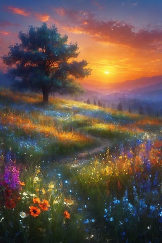 masterpiece, best quality, aethetic, vibrant sunsets, blooming wildflowers,noc-mgptcls