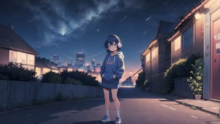 a girl with deep blue hair and blue eyes in a nighttime cityscape with a dreamy starry sky. She's wearing a dark blue hoodie, sporting headphones, evoking the relaxed and cozy atmosphere of the 'Lofi girl' vibe. Show the full body of the girl, standing, amidst city buildings and captivating night scenery. The sky should be adorned with twinkling stars, setting a serene and enchanting mood
BiophyllTech,LOFI, five fingers,Lofi,Girl,Style,better_hands,Airani,Lofi Them,Lofi Girl,blue eyes,shine eyes01