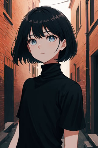 masterpiece, high quality, highres, 2D, illustration, upper body, face focus, 1girl, black hair, bobcut, bangs, blue eyes, closed mouth, black shirt, short sleeves, turtleneck, city, standing in an alley