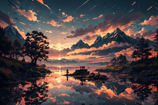 pic of a magnificent sunset over a mountainous landscape, where the high peaks are bathed in a golden light and the sky is painted with soft shades of orange and pink. The clouds extend in dramatic shapes, criando uma cena deslumbrante e serena. No primeiro plano, There is a tranquil lake reflecting the beauty of the sky, while silhouetted trees add a touch of mystery to the landscape. The balanced composition and vastness of nature captured in a convey a sense of calm and wonder at the grandeur of the natural setting. 