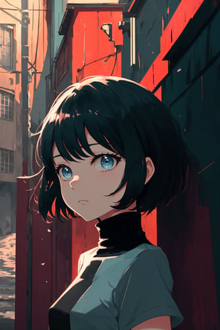 masterpiece, high quality, highres, 2D, illustration, upper body, face focus, 1girl, black hair, bobcut, bangs, blue eyes, closed mouth, black shirt, short sleeves, turtleneck, city, standing in an alley