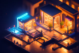 isometric scene of a cyberpunk suburb, small shops, small buildings, with neon signs, asphalted streets, cyberpunk miniparks with artificial glowing nature, cute, cozy, isometric architecture masterpiece, perfect geometrym, convidative atmosphere, cute, video game style and design, 3d scenery composition, absurdres, intricate details, beautiful sky, very cyberpunk setting, smooth, original, new, newest, best aesthetic, 4k 8k 16k 32k 64k, realistic mini city map coherent composition, different intrinsic buildings, cinestill, moviestill, cinematic lighting, very high resolution, best textures materials, strong depth o field, 3d, high poly, high quality physic-based rendering, ray-tracing, realistic shadows, god rays, fog, impressive, very videogame scenario,