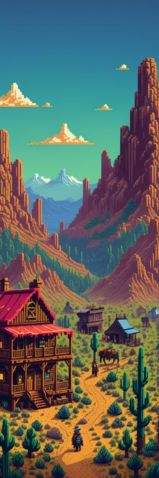 Pixel-Art Adventure featuring a  vibrant 8-bit environment, reminiscent of classic games.,Leonardo Style
helena Montana, wild west, old Western movie,pixelartstyle