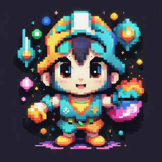 "Generate a mascot for tenten that embodies the essence of the Digital Muse as a Quantum Ghost. Imagine the Digital Muse, typically composed of pixelated elements, taking on an ethereal form as a Quantum Ghost. This ghostly character would be made of shimmering neon-colored light, while still maintaining its pixelated essence. The design should reflect the mischievous and playful expression of the Digital Muse and use a digital color palette inspired by Lexar Studio. The mascot should convey a sense of whimsy and vibrancy to express the Tensor creative community. Additionally, this mascot should be able to bring good luck and happiness to the world, inspire many, and become a standout icon within the digital art world, symbolizing both creative inspiration and the otherworldly capabilities of tensor.art's image creation.",pixel style