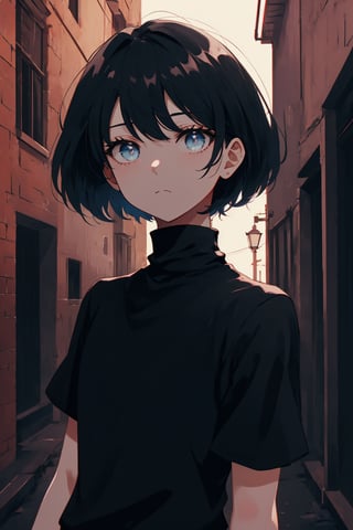 masterpiece, high quality, highres, 2D, illustration, upper body, face focus, 1girl, black hair, bobcut, bangs, blue eyes, closed mouth, black shirt, short sleeves, turtleneck, city, standing in an alley